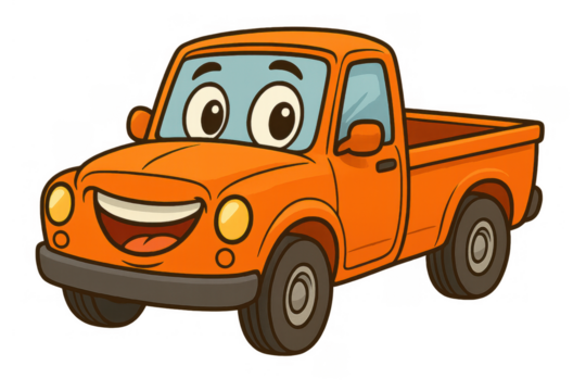 Cartoon orange pickup truck character with big smiling face, having fun, expressing positive emotions, transparent background