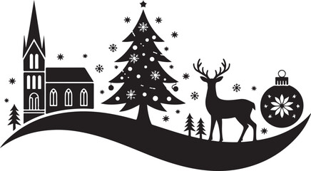 This Christmas silhouette card features a charming festive scene with a reindeer, hanging baubles, and gift boxes arranged beneath a Christmas display