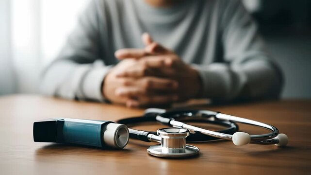 Person Waiting with Asthma Inhaler and Stethoscope on Wooden Table with Soft Lighting and Blurred Background