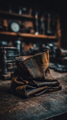 Abstract Metallic Sculpture with Gold Glitter on a Wooden Surface in a Workshop Setting