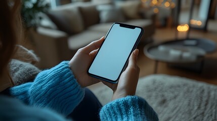 Woman relaxing at home using smartphone while cozying up in sweater near soft lighting