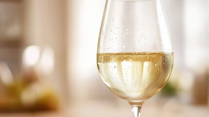 torrontes. A single glass of pale golden Torrontes wine with condensation on a plain surface. bar promotions, beverage menus, designed for food & beverage menus and cafe branding.