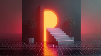 Abstract Minimalist Pixel Art Render with Glowing Circular Portal and Trees