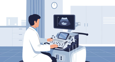 Medical Professional Performing Ultrasound Evaluation In A Clinic Environment Visualization
