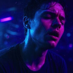 A man with wet hair and a blue shirt