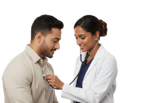 Confident South Asian doctor examines patient with stethoscope, isolated on transparent background