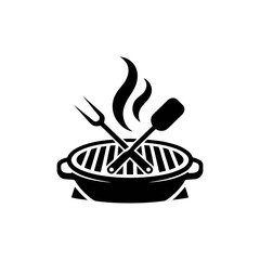 Barbecue grill icon with fork, spatula, and flames.