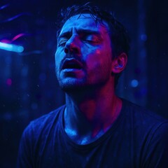 A man with wet hair and a blue shirt