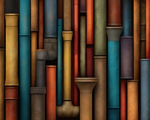Abstract Multicolored Vertical Pipes with Rough Texture and Subtle Light for Decorative Industrial Backdrop