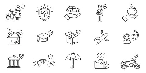 Fototapeta premium Collection of hand drawn insurance and protection icons representing various life events and assets