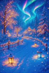 A blue and white painting of a snowy landscape with a house and three lanterns