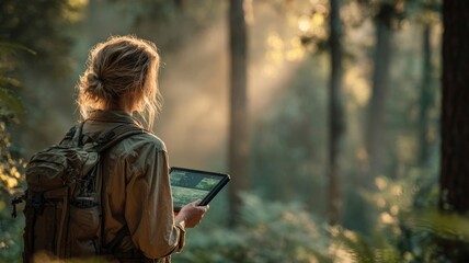 Woman exploring forest using digital tablet technology