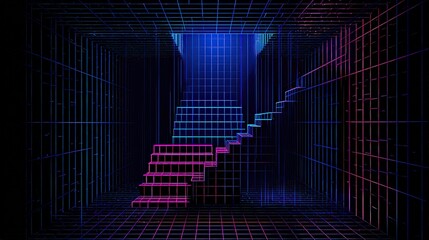 Abstract Neon Staircase Glowing in a Dark Box Structure with Blue and Pink Accents