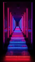 Abstract Neon Illuminated Corridor with Geometric Patterns in a Dark Futuristic Setting