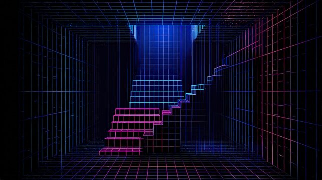 Abstract Neon Staircase Glowing in a Dark Box Structure with Blue and Pink Accents