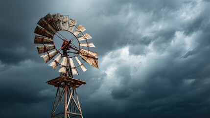 anemometer. Damaged windmill with broken sails turning against a stormy sky, resilience theme. ESG reports, sustainability campaigns, designed for environmental awareness campaigns.