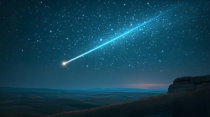 Night sky shows stunning meteor streaking over tranquil landscape in a rural setting