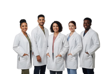 Diverse medical team smiles confidently, ready for care