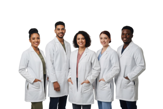Diverse medical team smiles confidently, ready for care