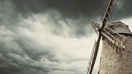anemometer. Damaged windmill with broken sails turning against a stormy sky, resilience theme. ESG reports, sustainability campaigns, designed for environmental awareness campaigns.
