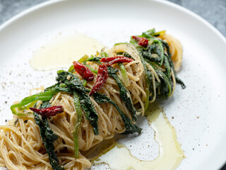 Spicy oil pasta on a plate