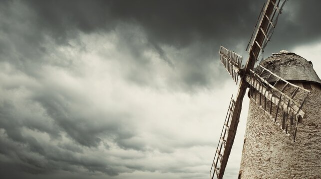 anemometer. Damaged windmill with broken sails turning against a stormy sky, resilience theme. ESG reports, sustainability campaigns, designed for environmental awareness campaigns.