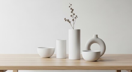 Minimalist White Ceramic Vases and Bowls Arrangement on Wooden Surface for Modern Home Decor