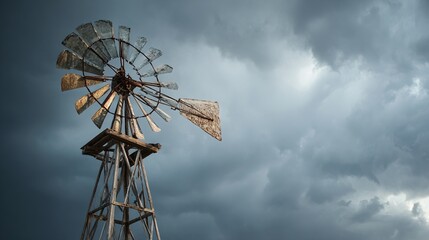 anemometer. Damaged windmill with broken sails turning against a stormy sky, resilience theme. ESG reports, sustainability campaigns, designed for environmental awareness campaigns.
