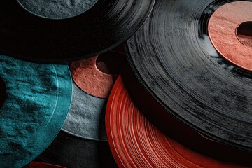 Abstract Vinyl Records with Textured Surfaces in Turquoise Gray and Orange Rings on Black Background Showing Circular Shapes and Grainy Textures