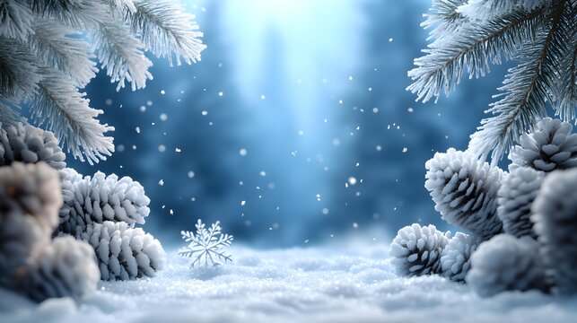 Beautiful winter scene featuring snowflakes and a shimmering blue background with soft snow cover during a serene snowfall