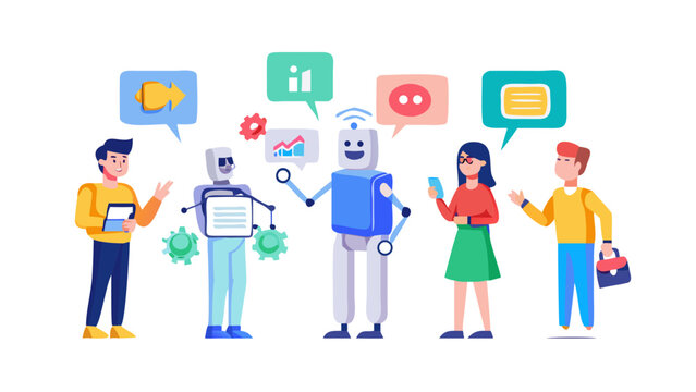 AI in business set. Characters using artificial intelligence generative tools to create social media post, presentation, content ideas. AI-powered marketing automation concept. Vector illustration.