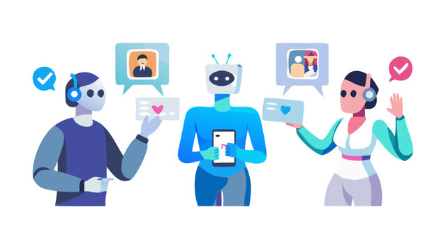 AI in business set. Characters using artificial intelligence generative tools to create social media post, presentation, content ideas. AI-powered marketing automation concept. Vector illustration.