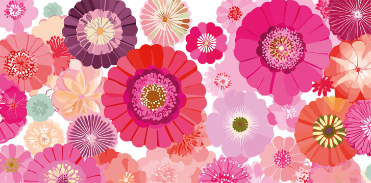 Bunte, stilisierte Blumenmuster in verschiedenen Rosa- und Violettt&ouml;nen als dekorativer Vektorhintergrund.