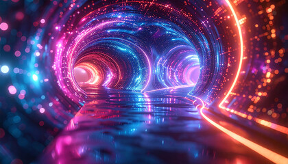 Neon Light Tunnel: An immersive visual journey through a neon-lit tunnel, bursting with vibrant colors, dynamic energy, and futuristic appeal. 