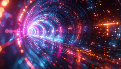Digital Pathway: A captivating image shows a glowing tunnel of data, its neon lights leading the way, suggesting digital journeys and technological progress.