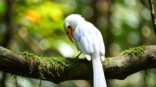 Elegant White Bird on Mossy Branch, Nature's Delicate Beauty with Birdsong Symphony