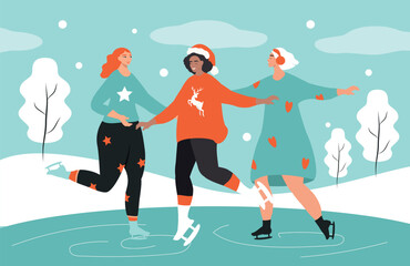 Vector illustration in a flat style. Three happy girls ice skating in winter.