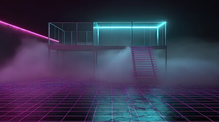 Abstract Scene with Neon Lit Structure and Ground Grid in Blue and Pink Hues and Foggy Atmosphere