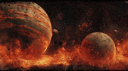 Abstract Representation of Celestial Bodies in a Fiery Cosmic Dust Cloud Against Black Background