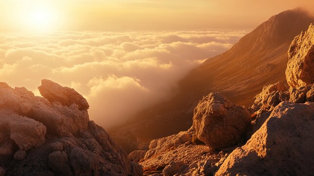 overlooking. Majestic mountain peak at sunrise overlooking sea of clouds with golden light. travel magazines, destination branding, designed for travel destination branding.