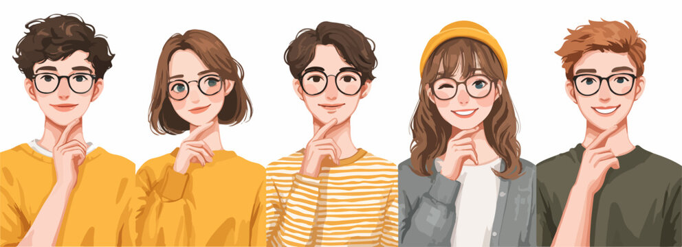 F&uuml;nf junge, nachdenkliche Menschen mit Brillen in modernem Vektor-Illustrationsstil auf wei&szlig;em Hintergrund.
