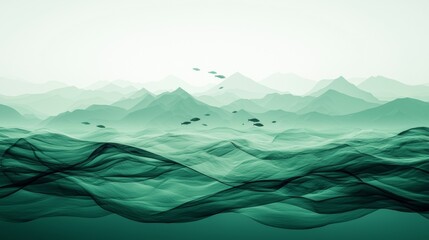Scenic underwater view with green tones showing waves and fish near mountains in a serene setting