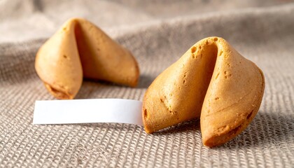 Fortune Cookies with Blank Paper Slip on Burlap Fabric.