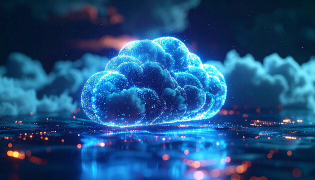 Digital Cloud: A futuristic digital cloud emerges, glowing with vibrant electric blue, symbolizes the core of connectivity and information storage.