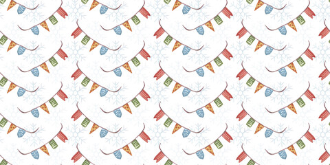 Christmas holiday seamless pattern with colorful flags and blue snowflakes. Hand-drawn watercolor print. Holiday background for the winter season and New Year celebrations.