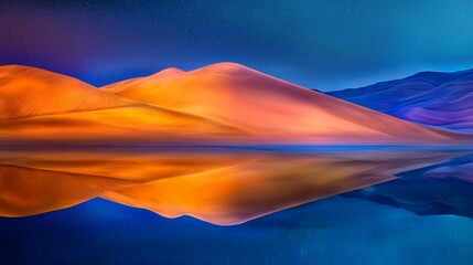 Sunrise colors reflect on tranquil water beside vibrant sand dunes in a desert landscape