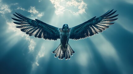 Soaring eagle with outstretched wings flies through a cloudy sky at daytime