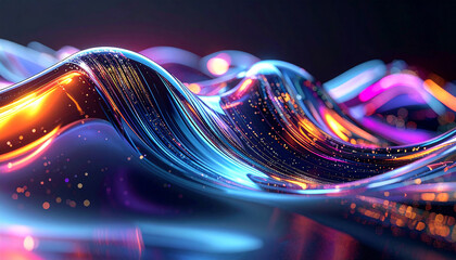 Digital Waves: A mesmerizing digital artwork of vibrant, flowing waves illuminated with dynamic, luminous light, creating a sense of energy and motion.