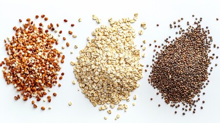 Different types of grains displayed on a white surface for culinary use and nutrition information