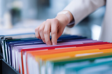 Hands organizing physical documents into color-coded folders.